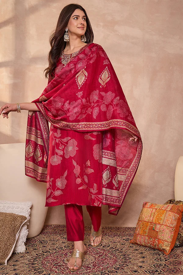 Pink Silk Blend Floral Printed Straight Kurta Trouser With Dupatta