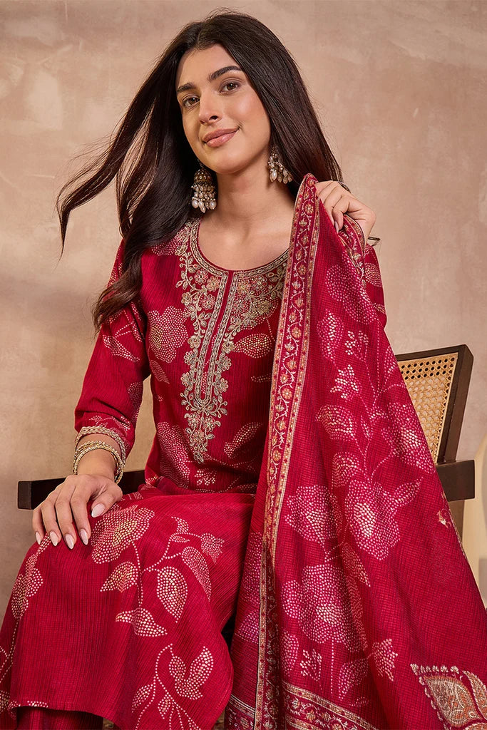Pink Silk Blend Floral Printed Straight Kurta Trouser With Dupatta