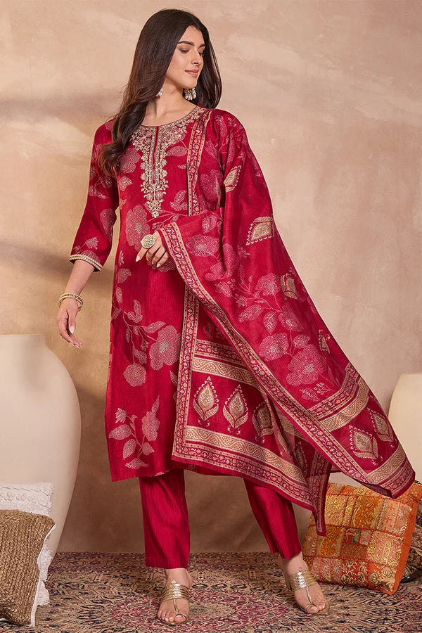 Pink Silk Blend Floral Printed Straight Kurta Trouser With Dupatta