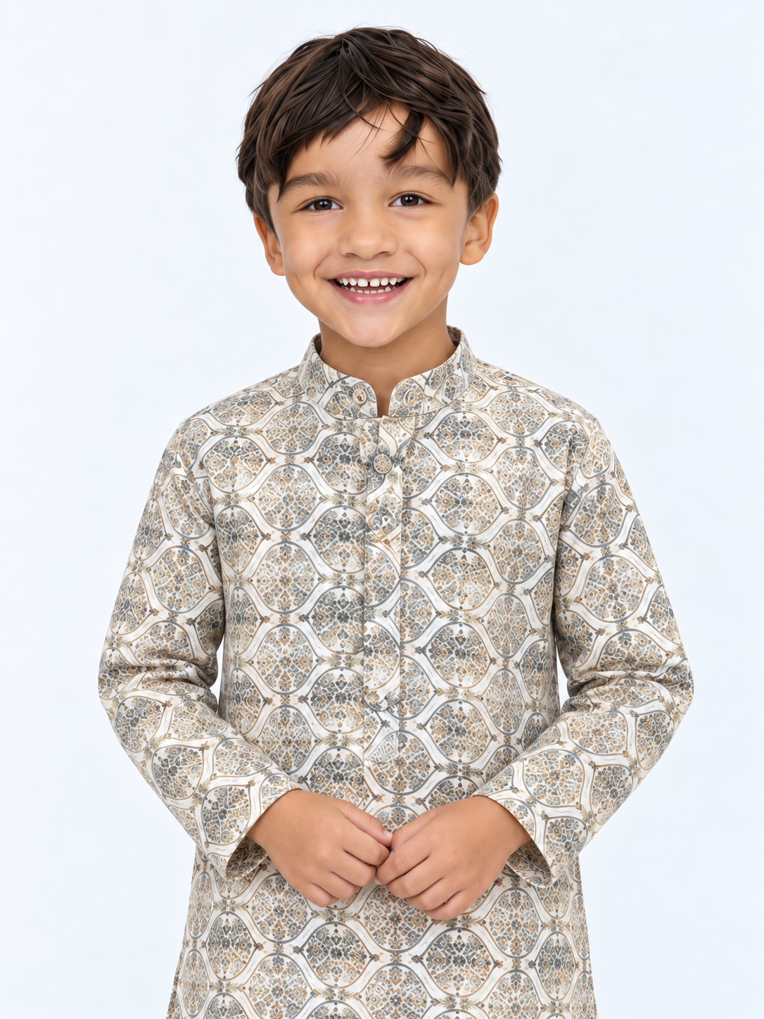 Boys’ Ivory Medallion Printed Embroidered Kurta & Straight Pant Set