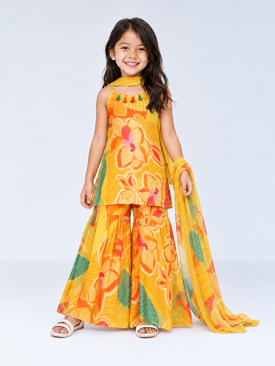 Girls' Festive Floral Printed Yellow Sharara Set