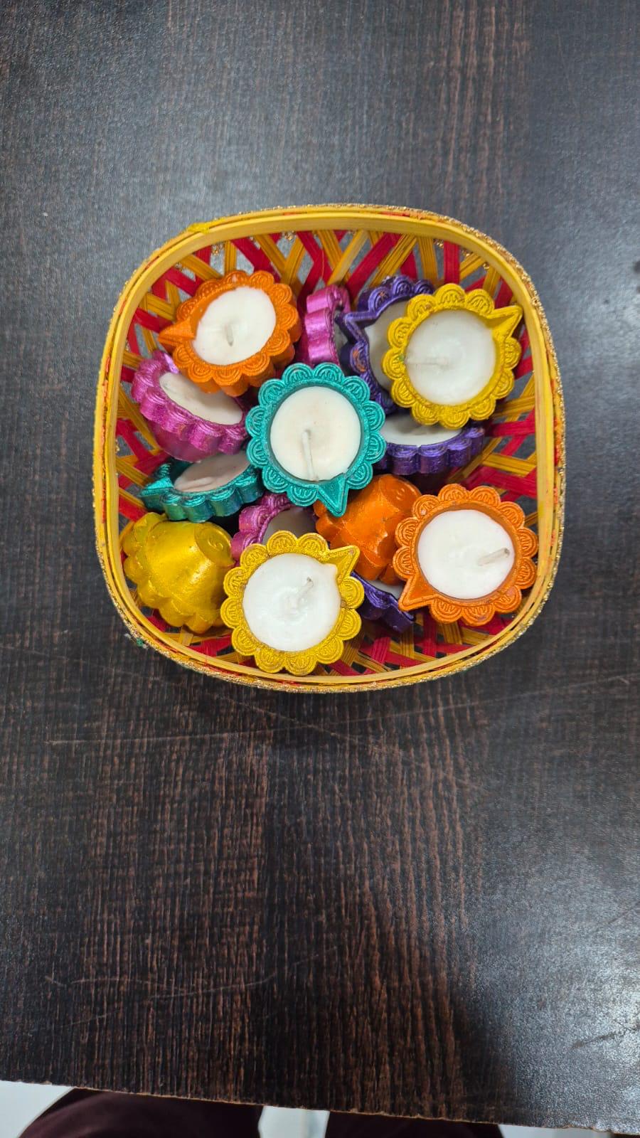 Handcrafted Decorative Diya Set Diwali Gift – 10 Colorful Wax-Filled Clay Diyas in Gift Basket – Perfect for Return Diwali Gift , Festive Decor & Gifting
