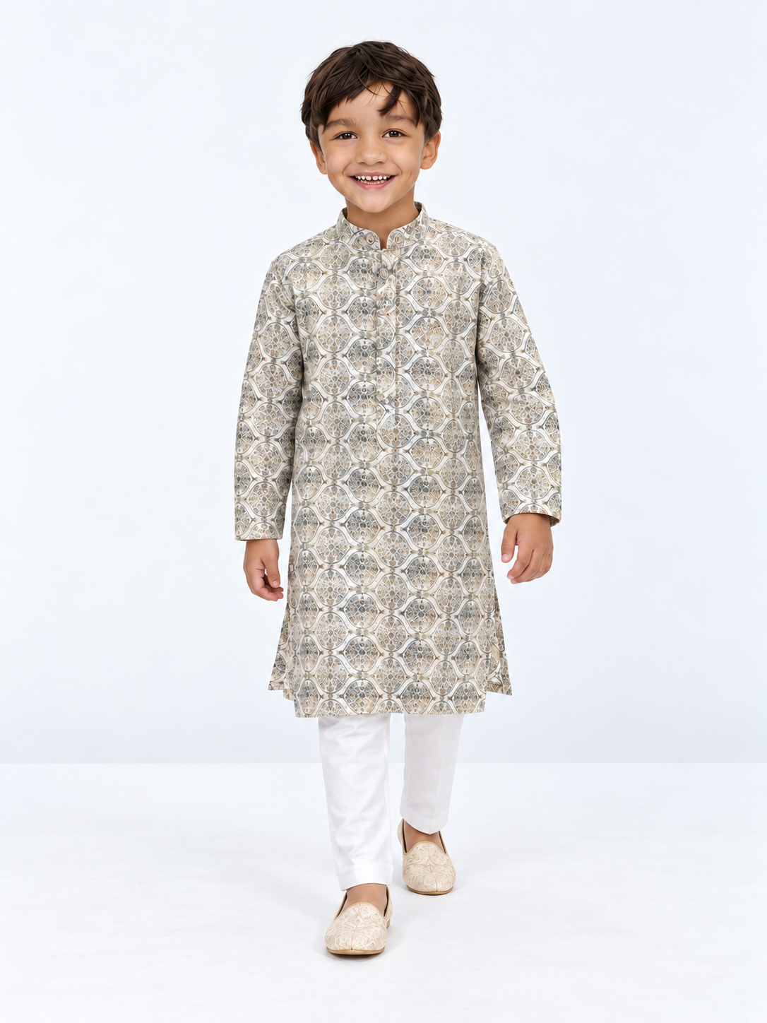 Boys’ Ivory Medallion Printed Embroidered Kurta & Straight Pant Set
