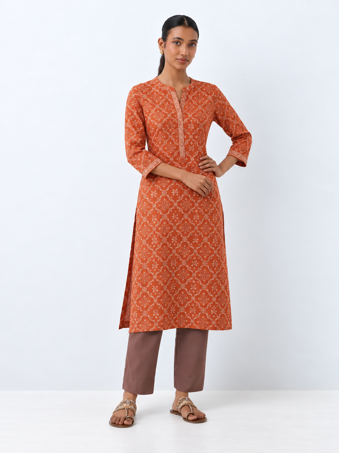 DWEEP SARA Rust Orange Printed Rayon Straight Kurta