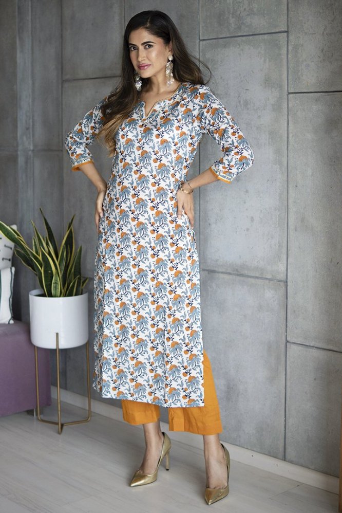 AARVI YELLOW PRINTED KURTA SET - DWEEP SARA