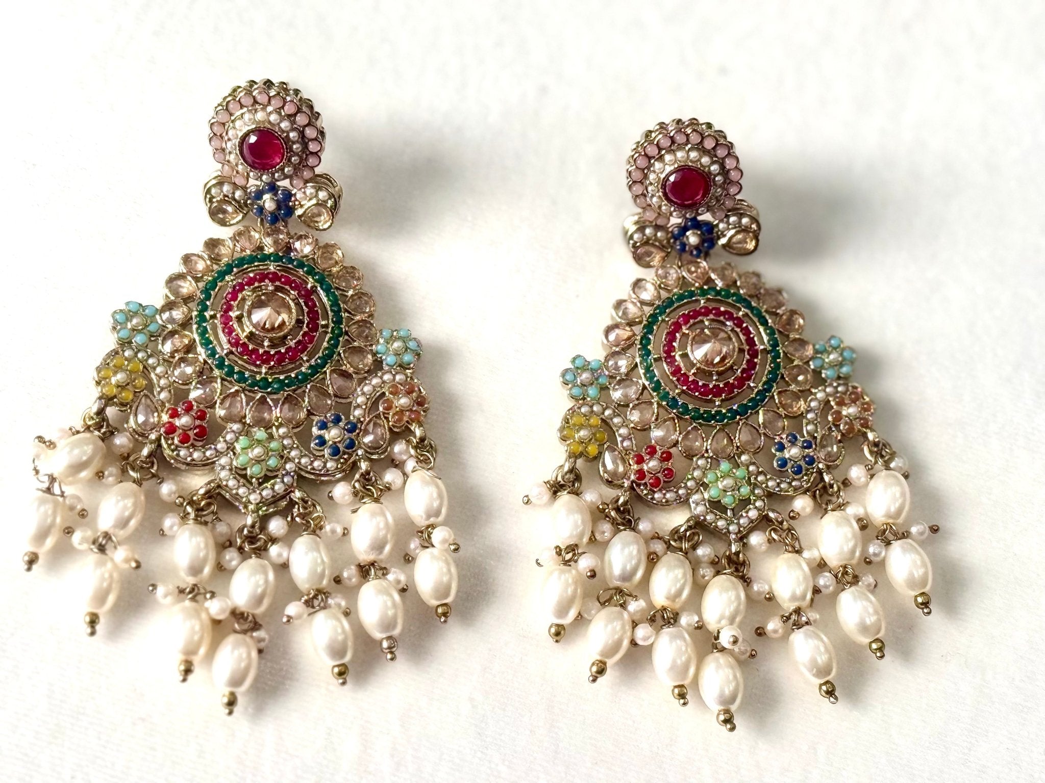 Antique Gold Plated Ehimay Drop Multicolour Earrings with Pear Drop Earrings - DWEEP SARA