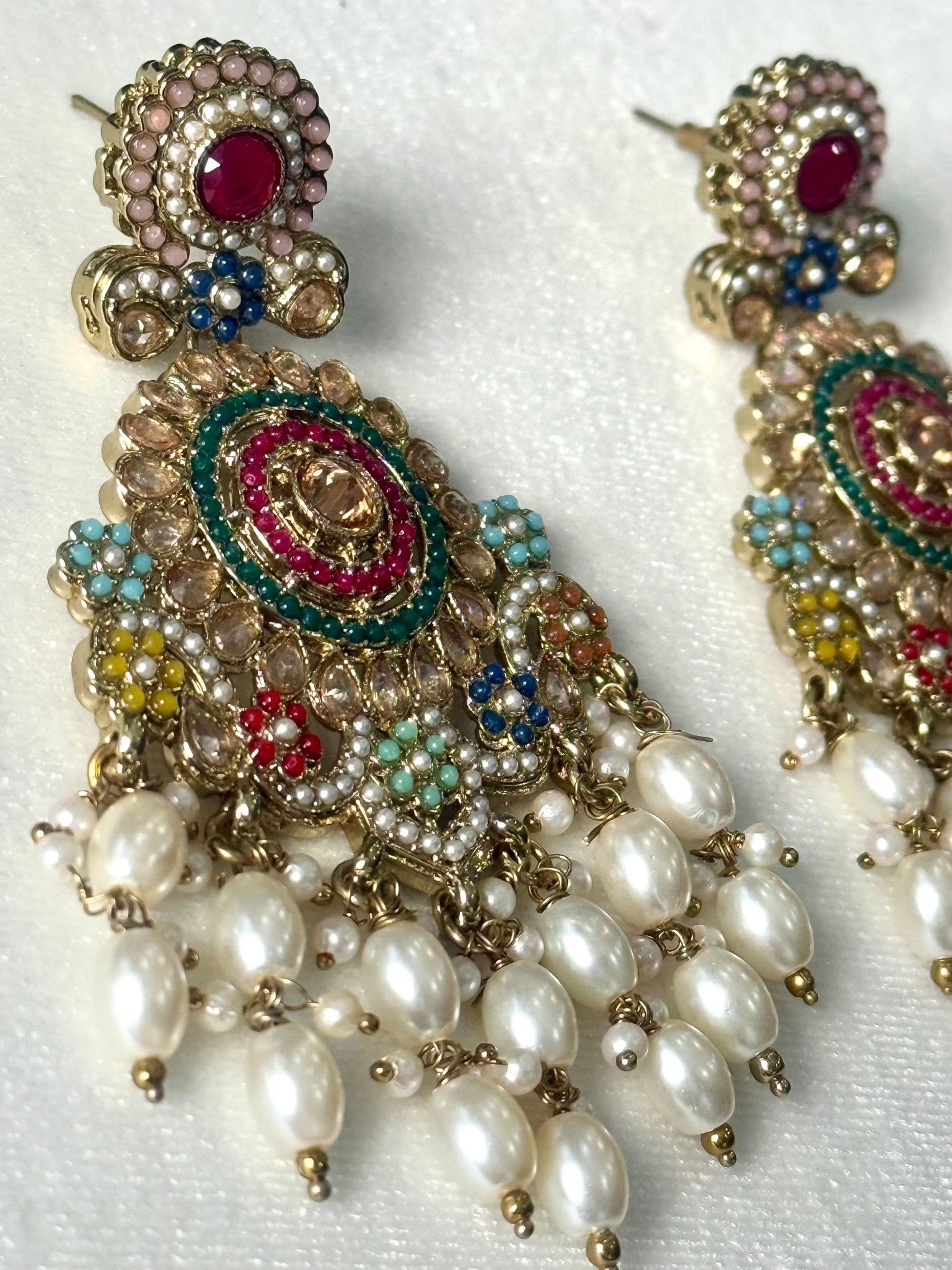 Antique Gold Plated Ehimay Drop Multicolour Earrings with Pear Drop Earrings - DWEEP SARA