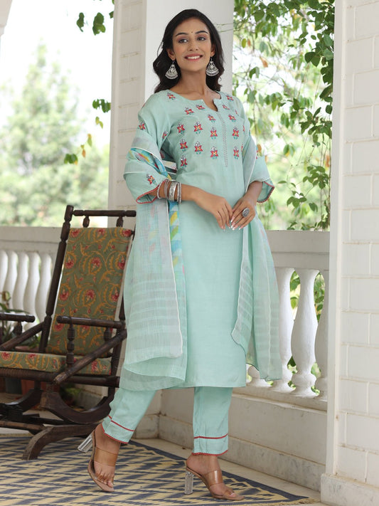 Aqua Blue Embroidered Viscose Rayon Suit Set - DWEEP SARA