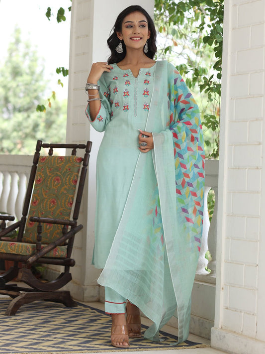 Aqua Blue Embroidered Viscose Rayon Suit Set - DWEEP SARA