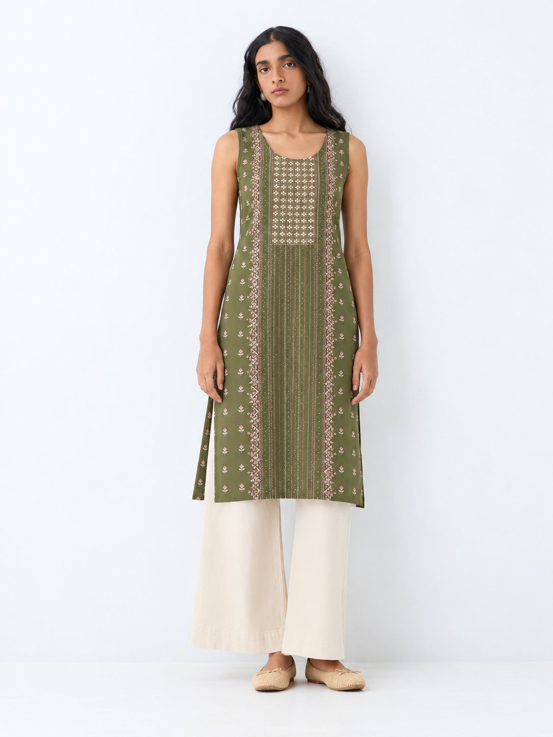 Green Printed Rayon Straight Kurta with Stone Detailing
