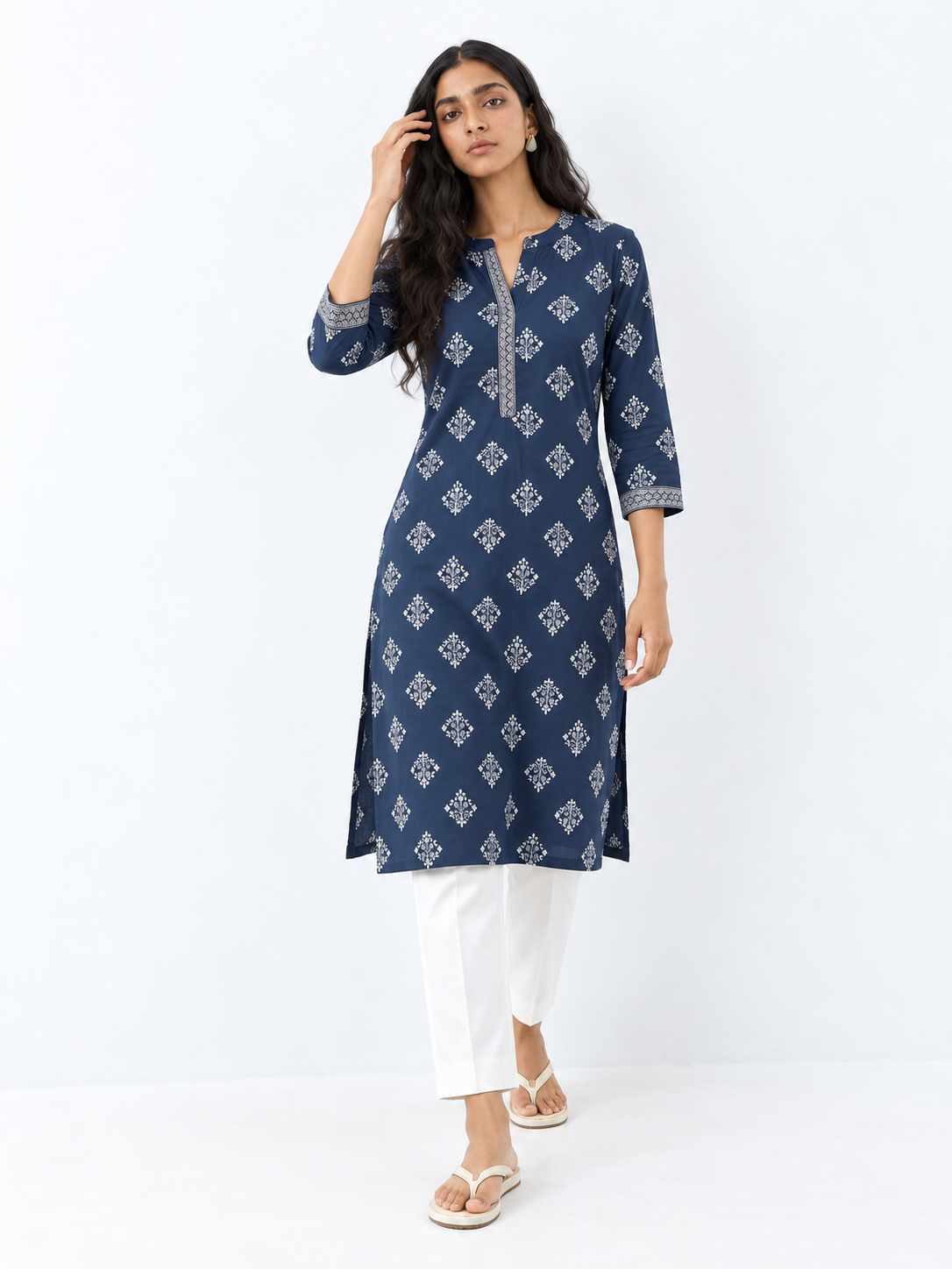 DWEEP SARA Navy Blue Printed Rayon Straight Kurta