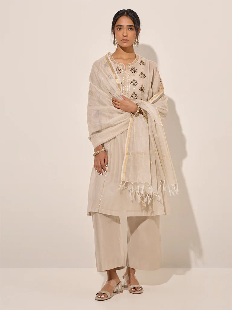 Beige A - Line Kurta with inner, Pants and Dupatta Set - DWEEP SARA