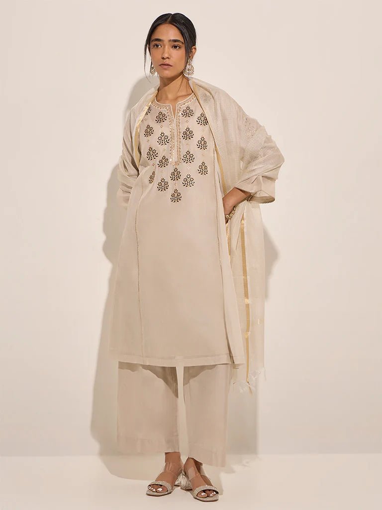 Beige A - Line Kurta with inner, Pants and Dupatta Set - DWEEP SARA