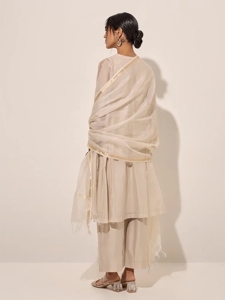 Beige A - Line Kurta with inner, Pants and Dupatta Set - DWEEP SARA