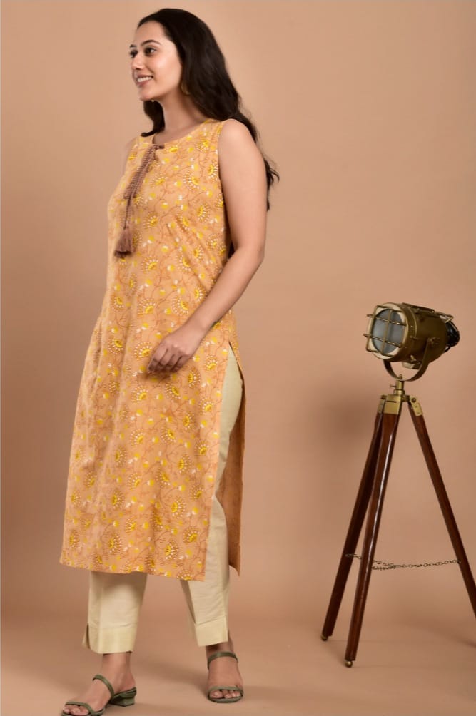 Beige And Yellow Printed Cotton Kurta - DWEEP SARA