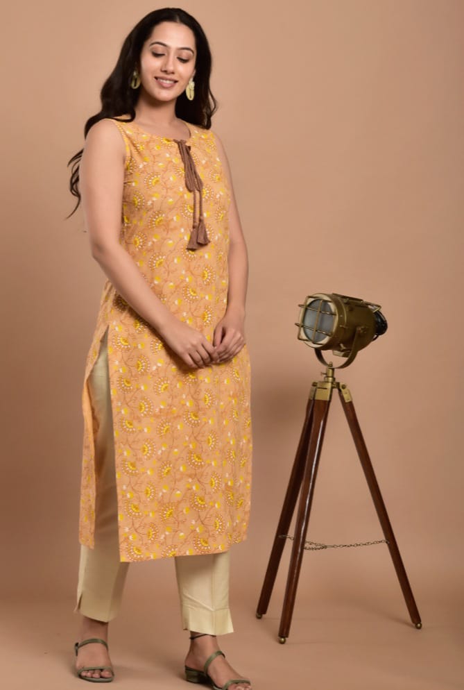 Beige And Yellow Printed Cotton Kurta - DWEEP SARA