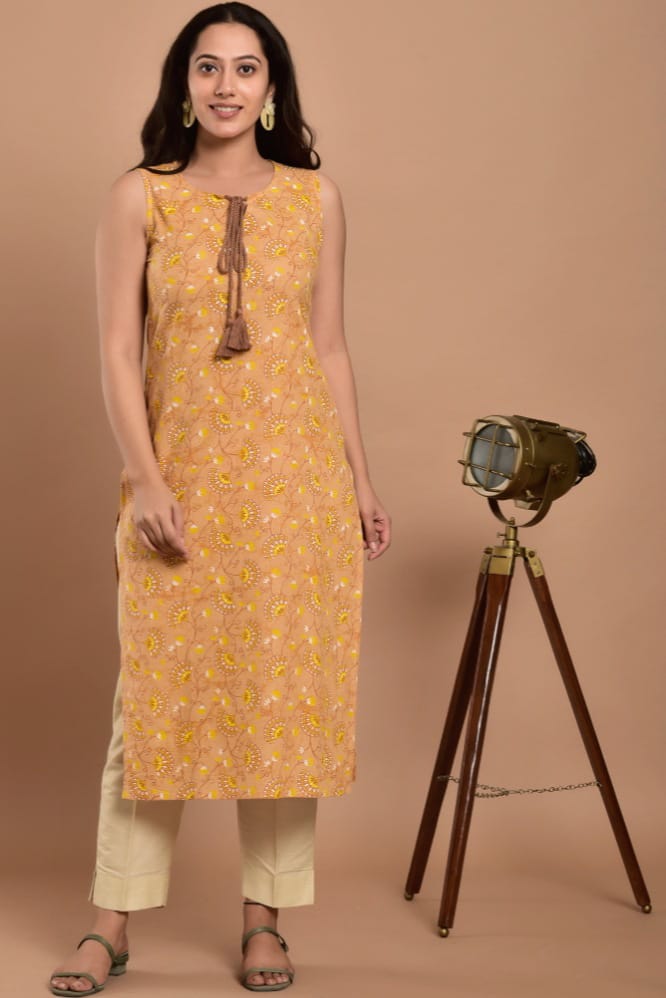 Beige And Yellow Printed Cotton Kurta - DWEEP SARA