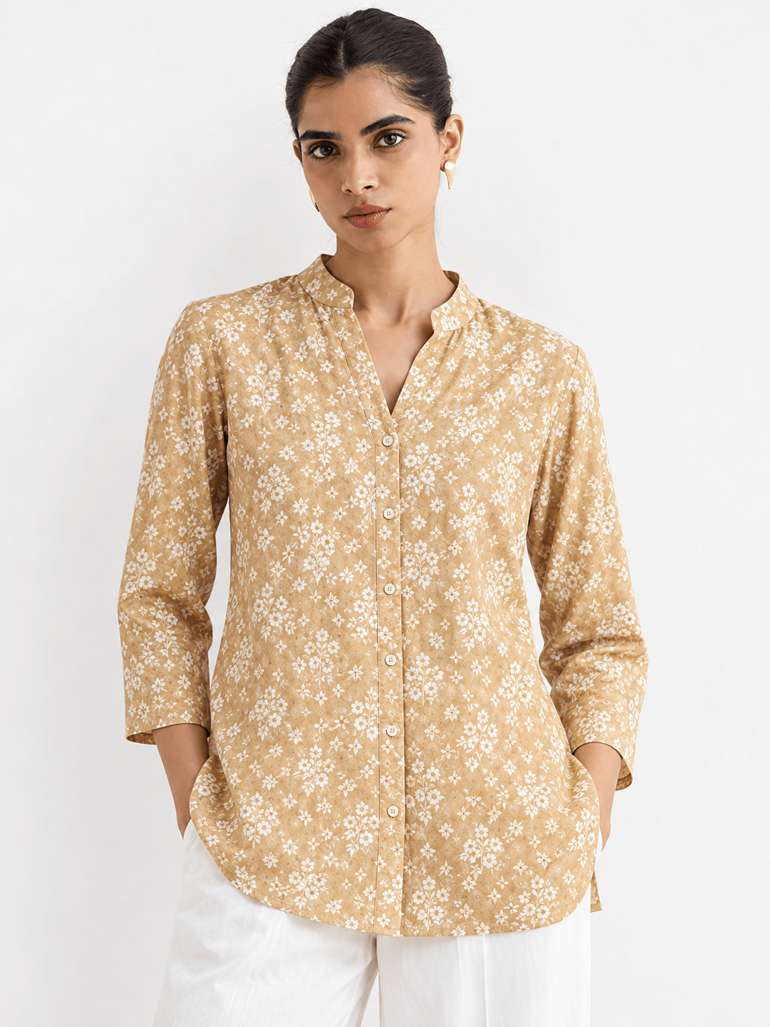 Beige Cotton Blend Floral Printed Regular Top /Short Kurti/ Tunic - DWEEP SARA