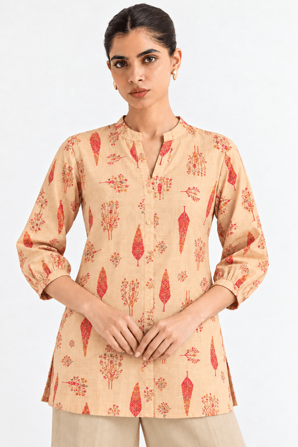 Beige Cotton Blend Floral Printed Regular Top Short Kurti Tunic - DWEEP SARA