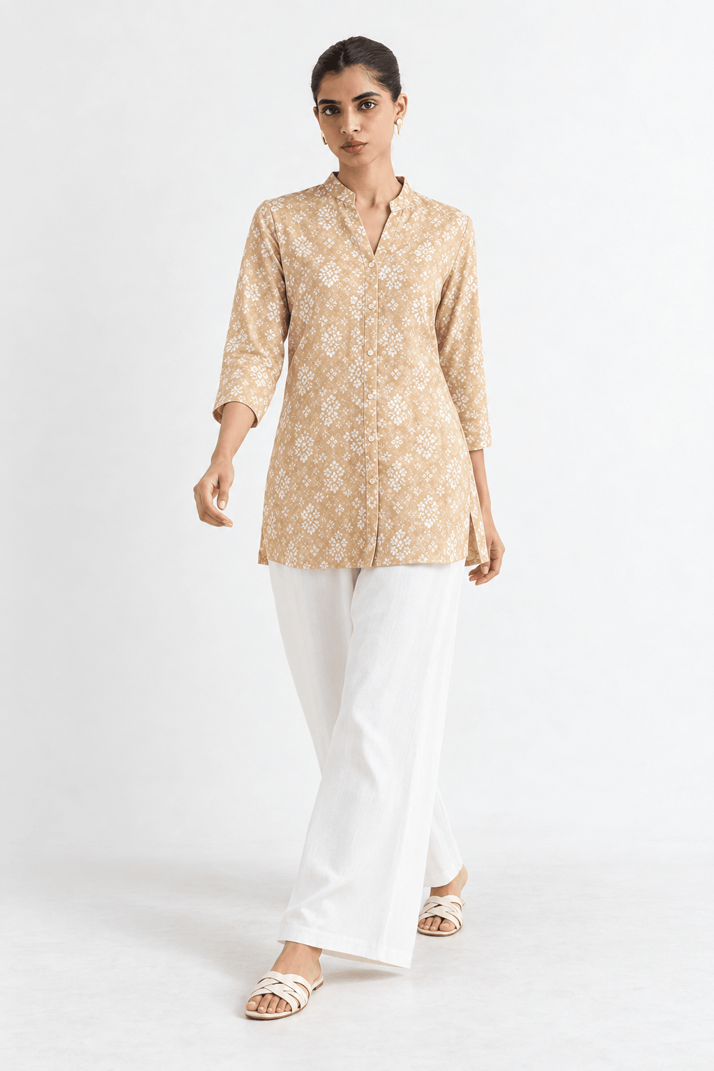 Beige Cotton Blend Floral Printed Regular Top /Short Kurti/ Tunic - DWEEP SARA
