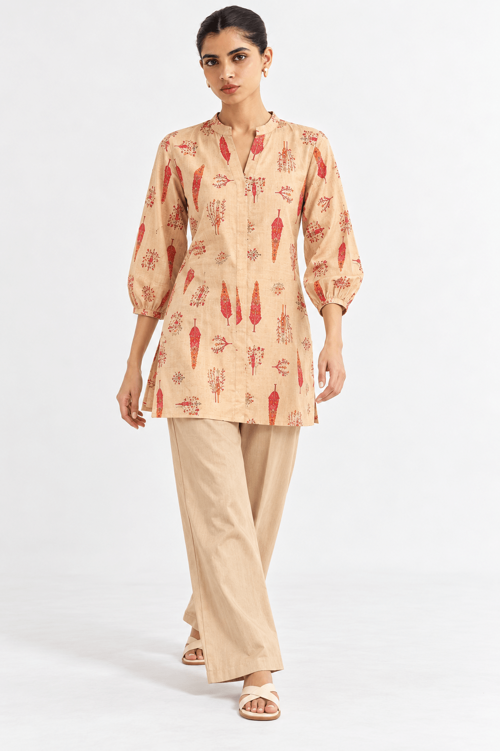 Beige Cotton Blend Floral Printed Regular Top Short Kurti Tunic - DWEEP SARA