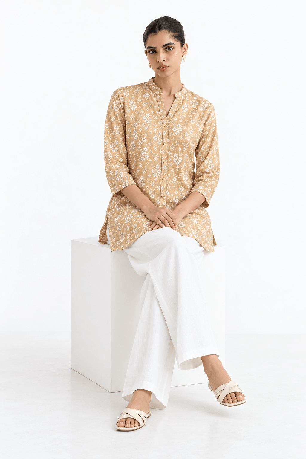 Beige Cotton Blend Floral Printed Regular Top /Short Kurti/ Tunic - DWEEP SARA