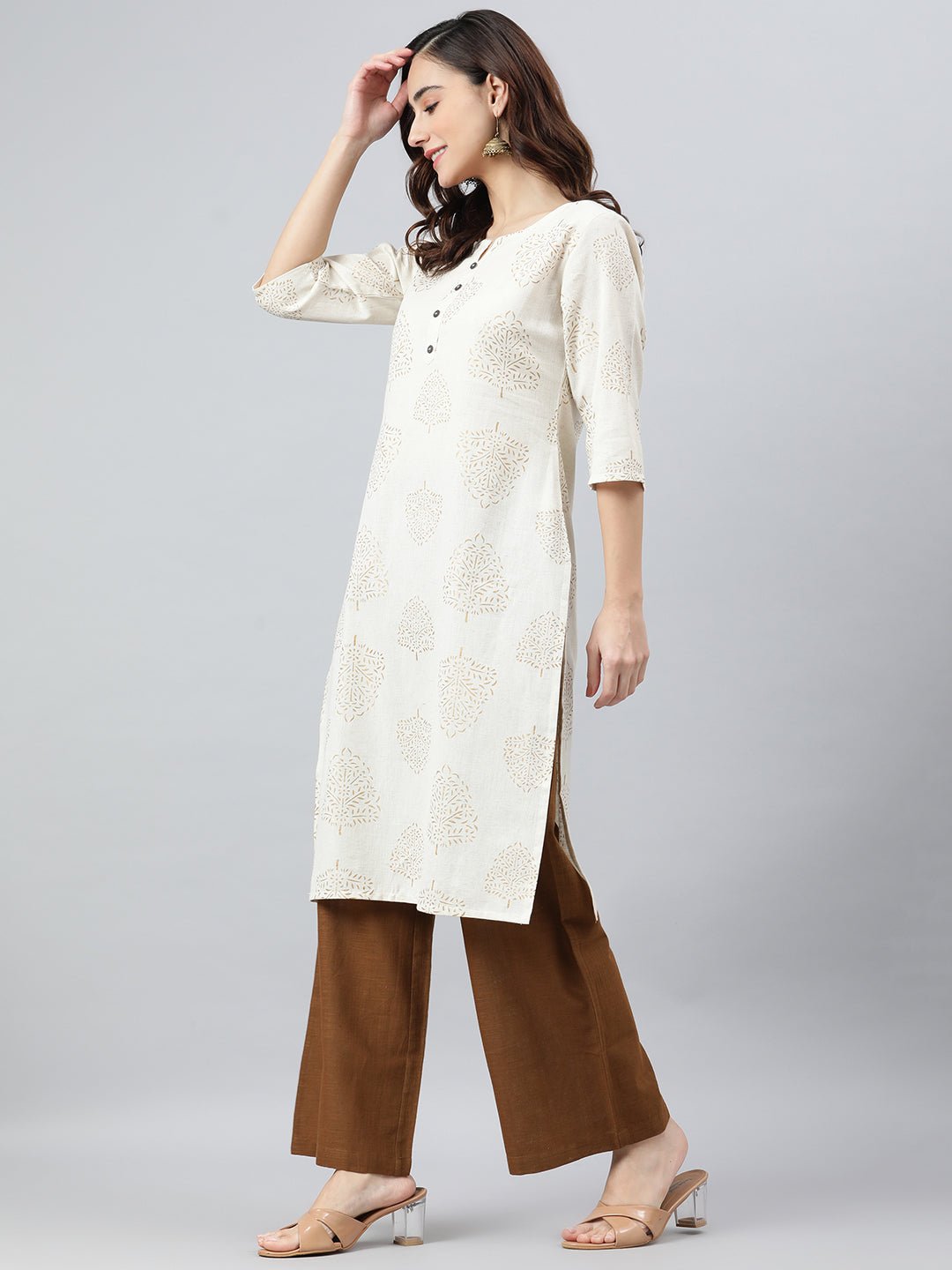 Beige Cotton Flex Kurta With Palazzo Set - DWEEP SARA