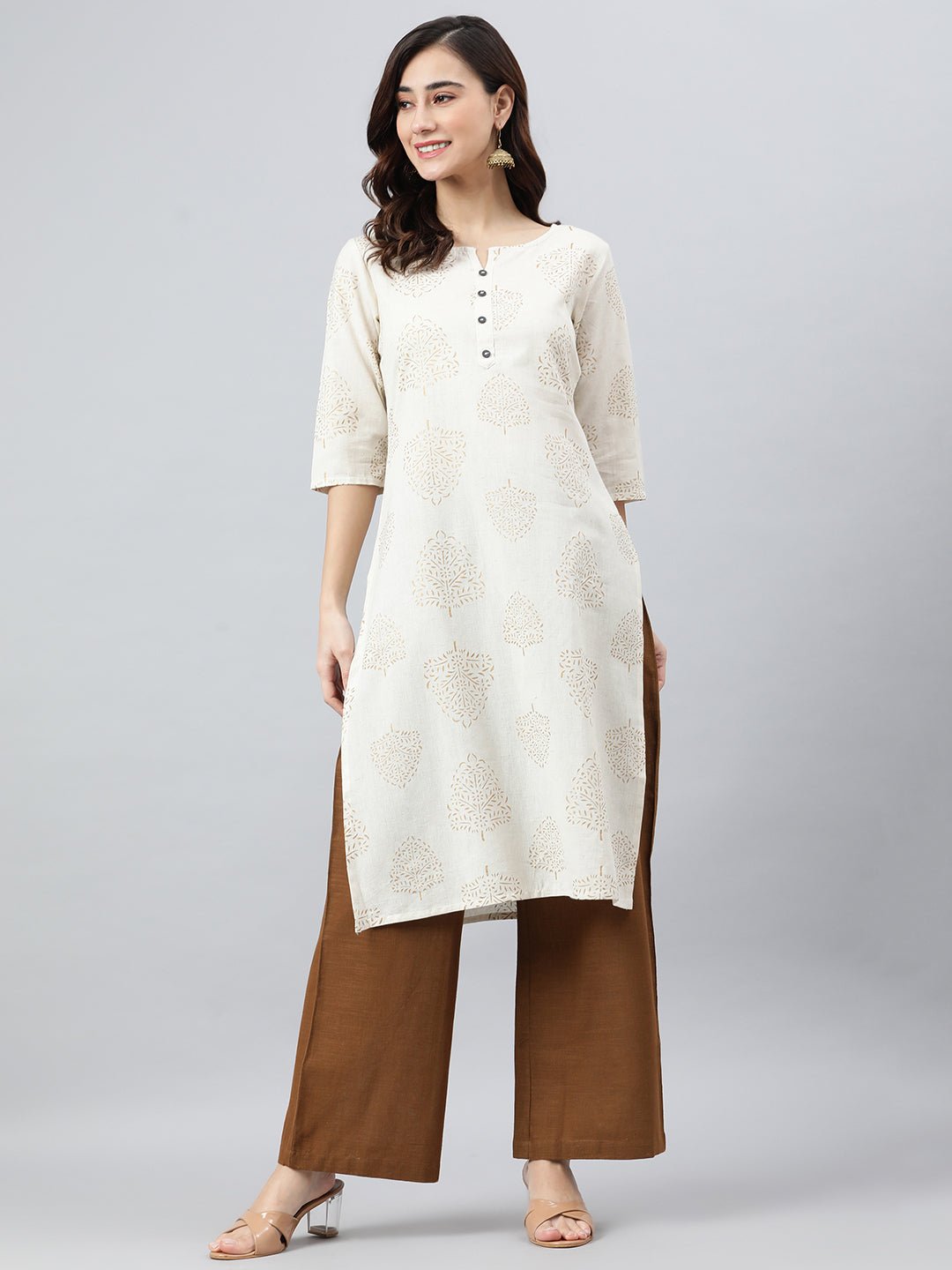 Beige Cotton Flex Kurta With Palazzo Set - DWEEP SARA