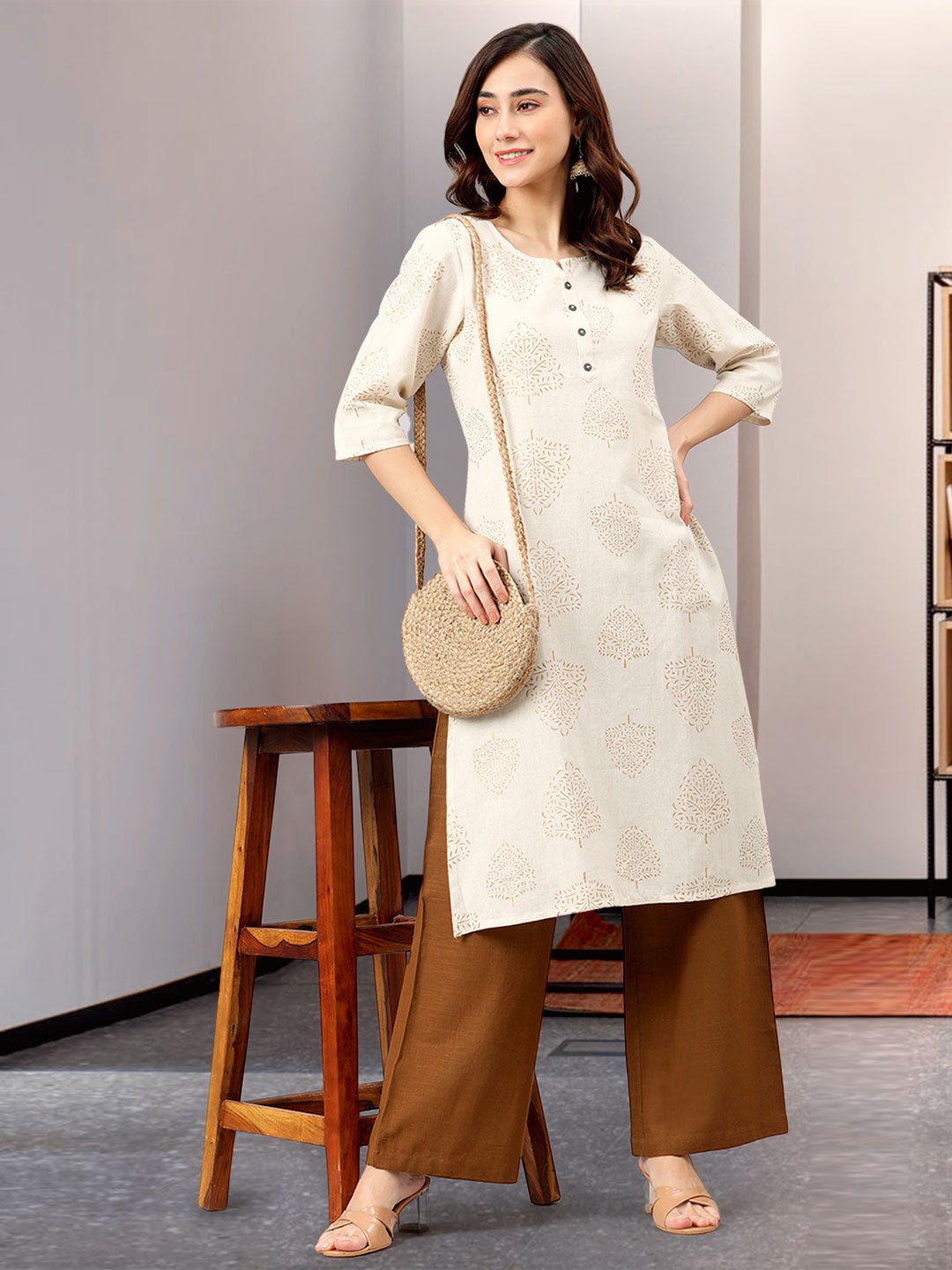 Beige Cotton Flex Kurta With Palazzo Set - DWEEP SARA