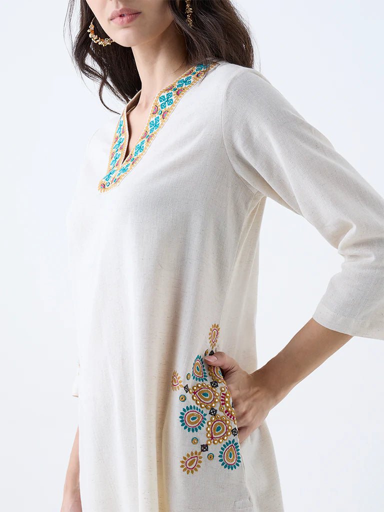 Beige Embroidered Cotton - Blend A - Line Kurta - DWEEP SARA
