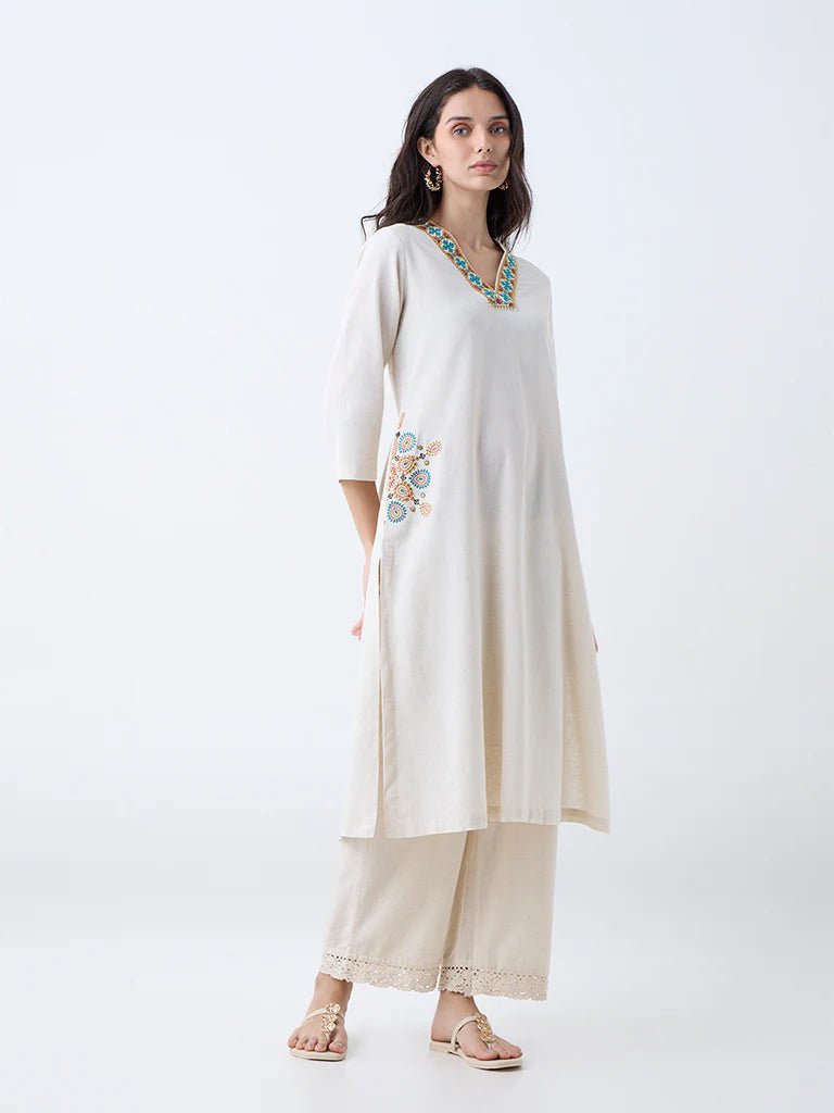 Beige Embroidered Cotton - Blend A - Line Kurta - DWEEP SARA