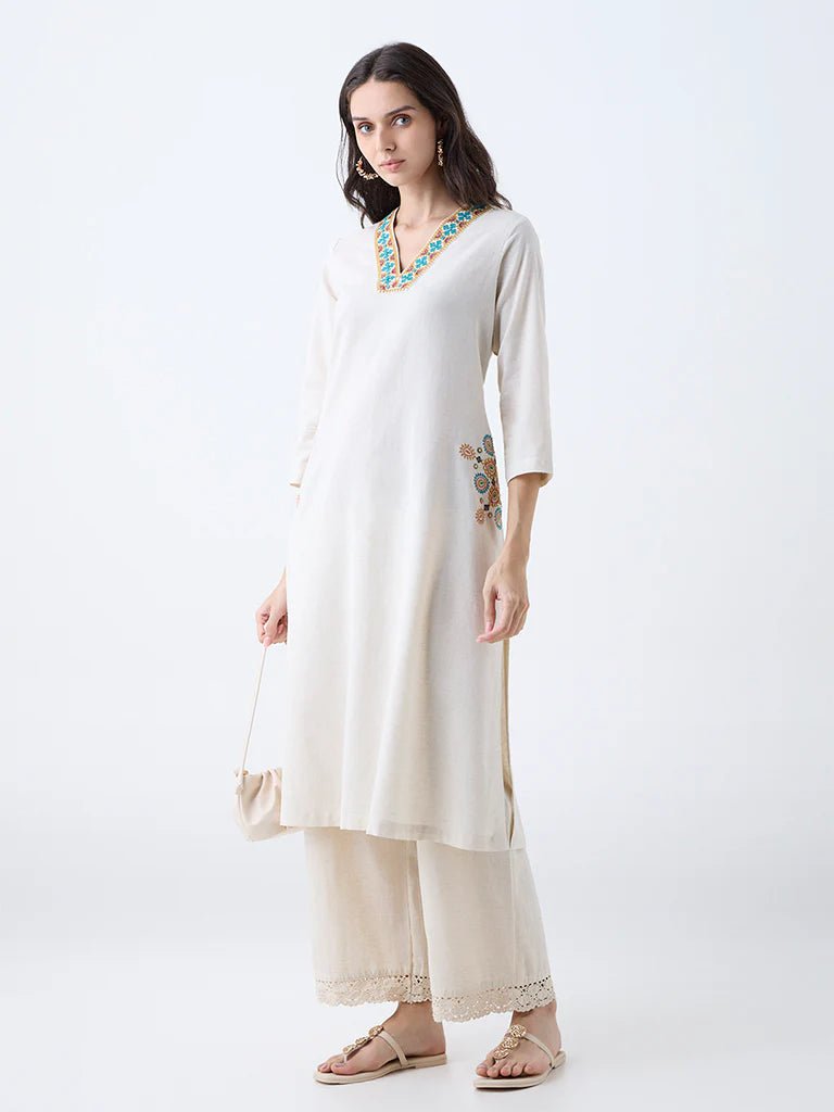 Beige Embroidered Cotton - Blend A - Line Kurta - DWEEP SARA