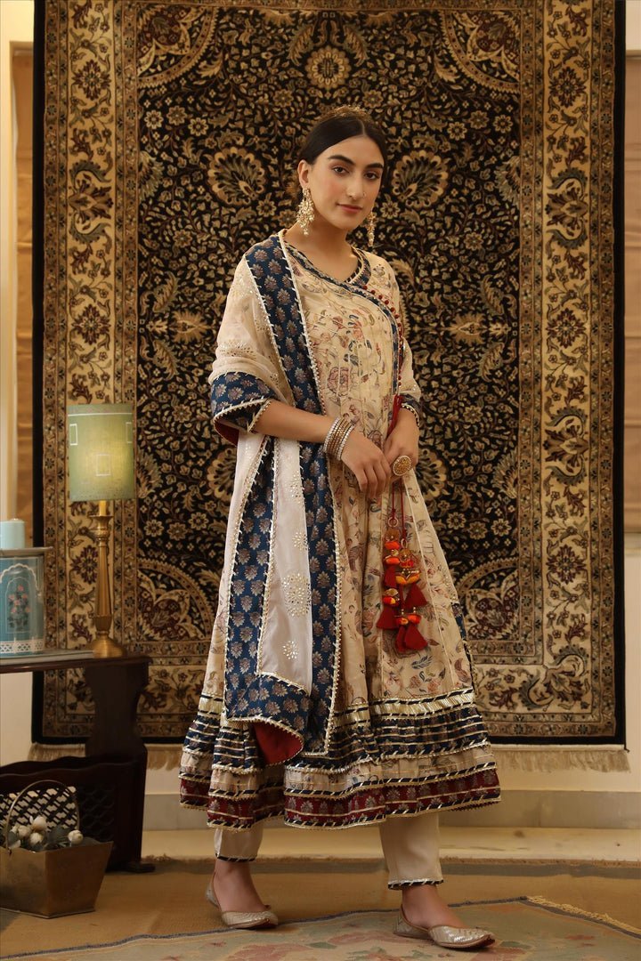 Beige Modal Muslin Angrakha Suit Set - DWEEP SARA