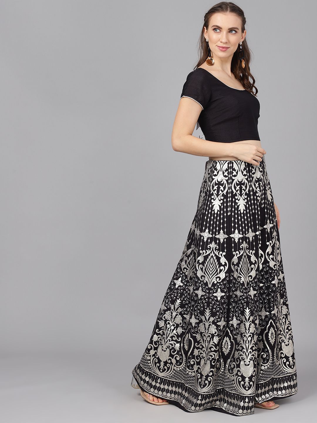 Black And Silver Printed Silk Lehenga Set - DWEEP SARA