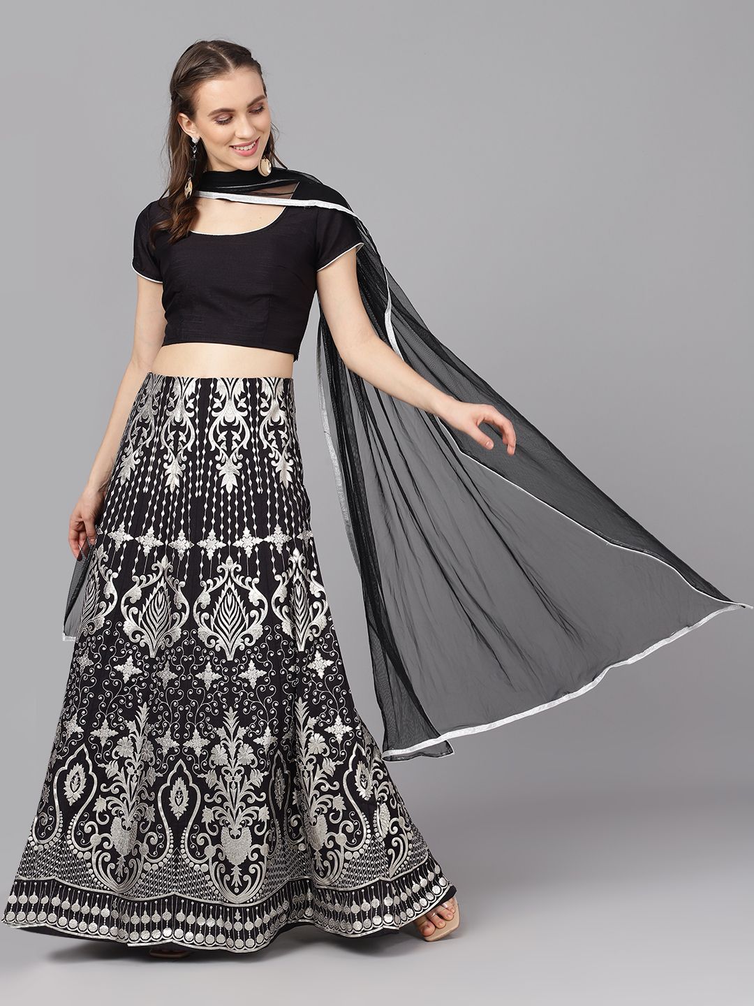 Black And Silver Printed Silk Lehenga Set - DWEEP SARA