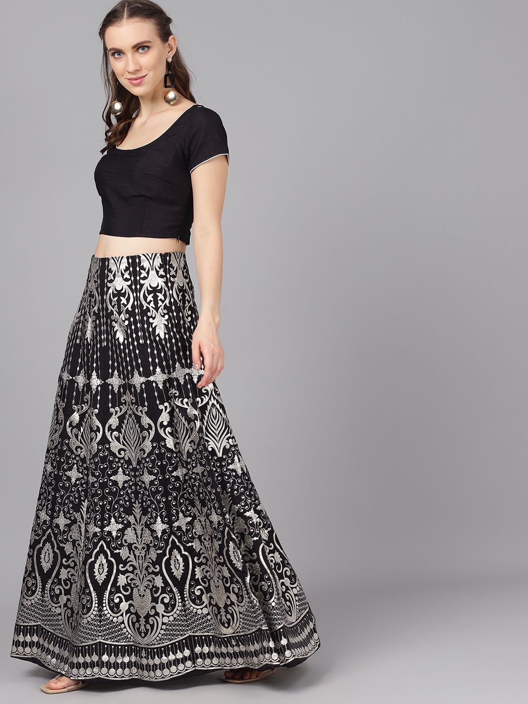 Black And Silver Printed Silk Lehenga Set - DWEEP SARA