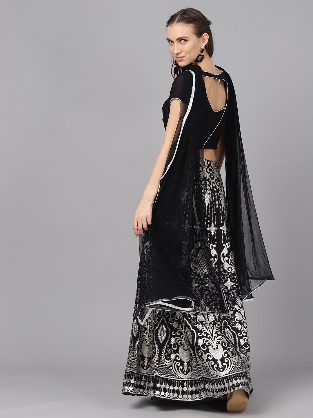 Black And Silver Printed Silk Lehenga Set - DWEEP SARA