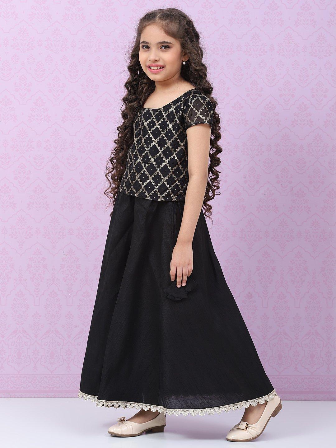 Black Art Silk Gold Printed Kids lehenga Set - DWEEP SARA