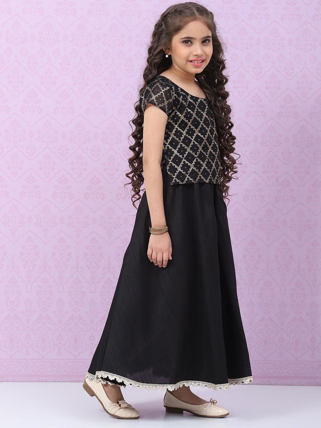 Black Art Silk Gold Printed Kids lehenga Set - DWEEP SARA