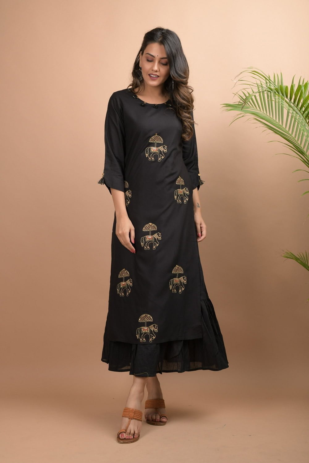 Black Embellished Gold & Zari Embroidery Double Layered Kurta - DWEEP SARA