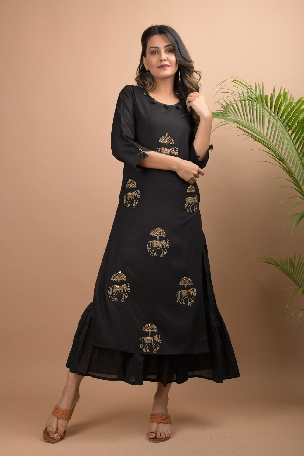 Black Embellished Gold & Zari Embroidery Double Layered Kurta - DWEEP SARA