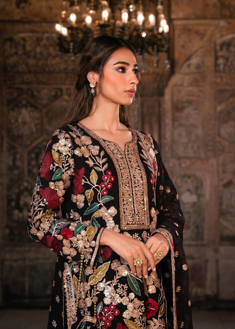 Black Embroidered Chiffon Plazzo Suit Set - DWEEP SARA