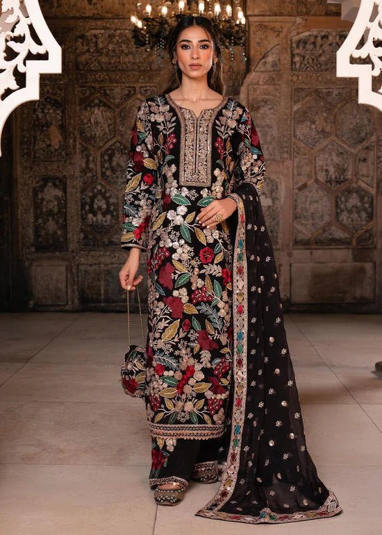 Black Embroidered Chiffon Plazzo Suit Set - DWEEP SARA