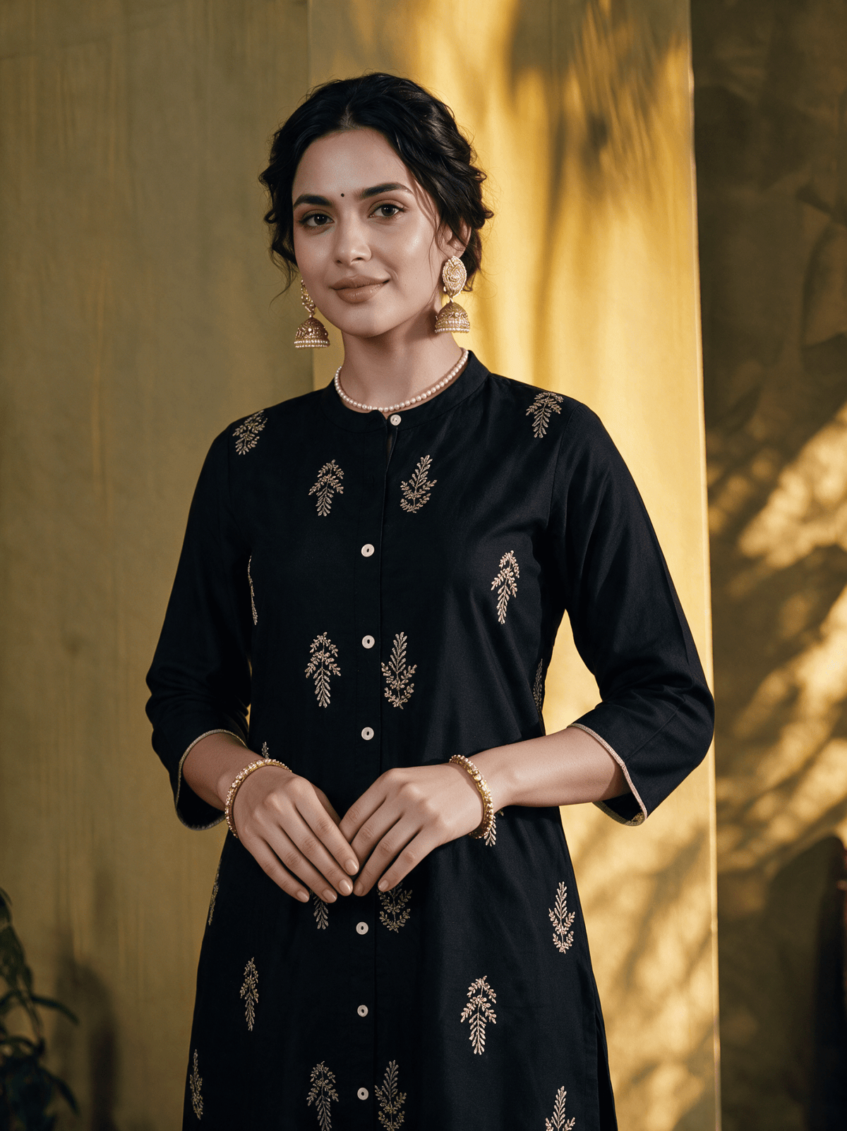 Black Embroidered Kurta & Pants Set For Women - DWEEP SARA