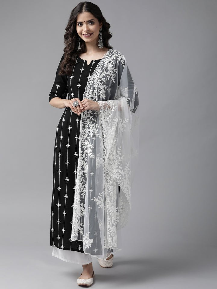 Black Embroidered Viscose Rayon Suit Set - DWEEP SARA