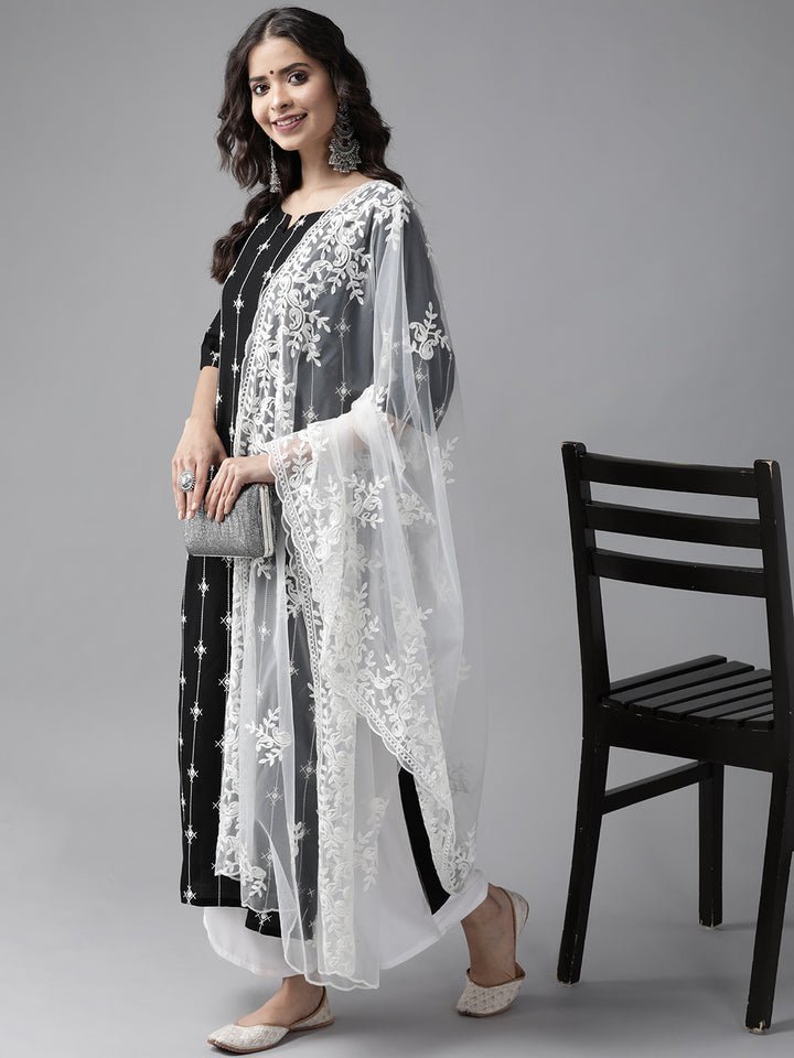 Black Embroidered Viscose Rayon Suit Set - DWEEP SARA