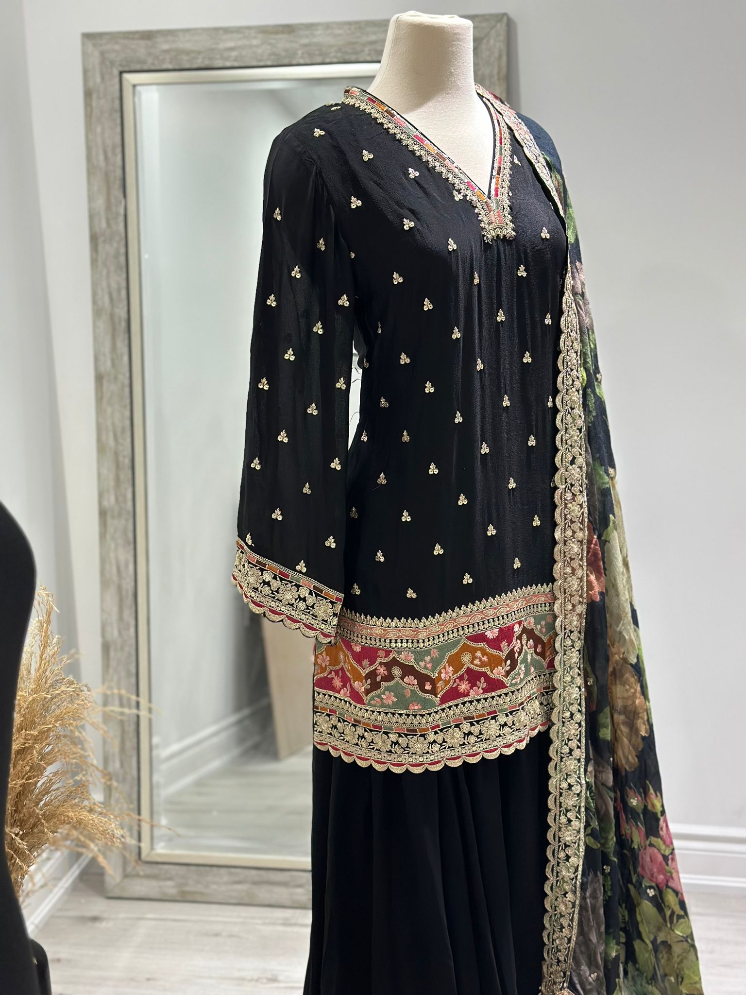 Black Geogette Gharara Suit Set - DWEEP SARA