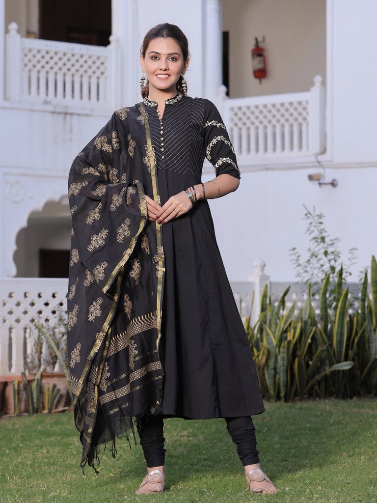 Black & Gold Anarkali Cotton Chanderi Suit Set - DWEEP SARA