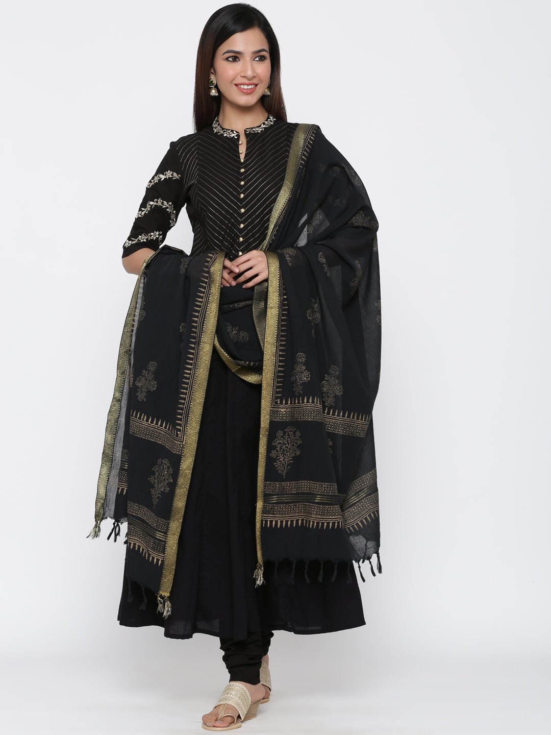 Black & Gold Anarkali Cotton Chanderi Suit Set - DWEEP SARA