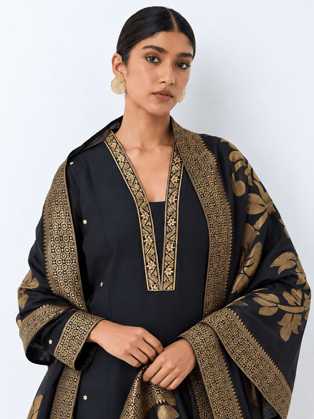 Black & Gold Embroidered A-Line Kurta Set with Floral Dupatta - DWEEP SARA